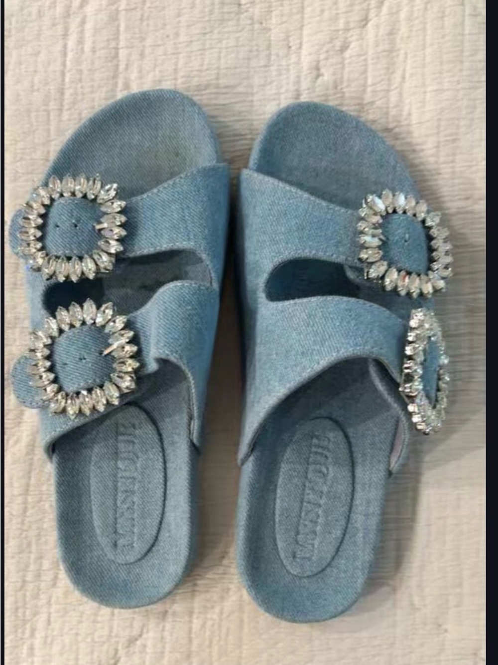 Mystique Boutique Denim Blue Jeweled Double-Band Slide Sandals